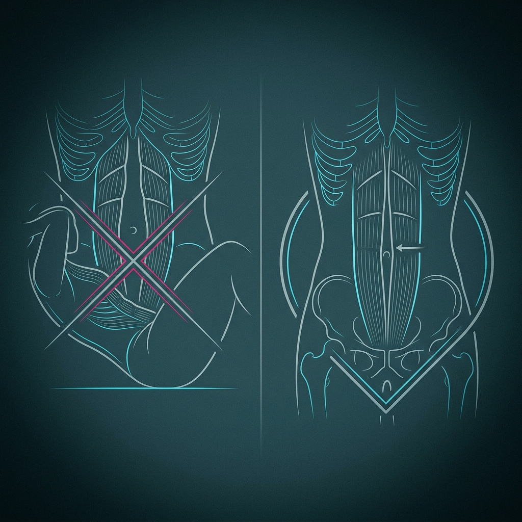 A crossed-out crunch beside a gentle, safe deep-core activation