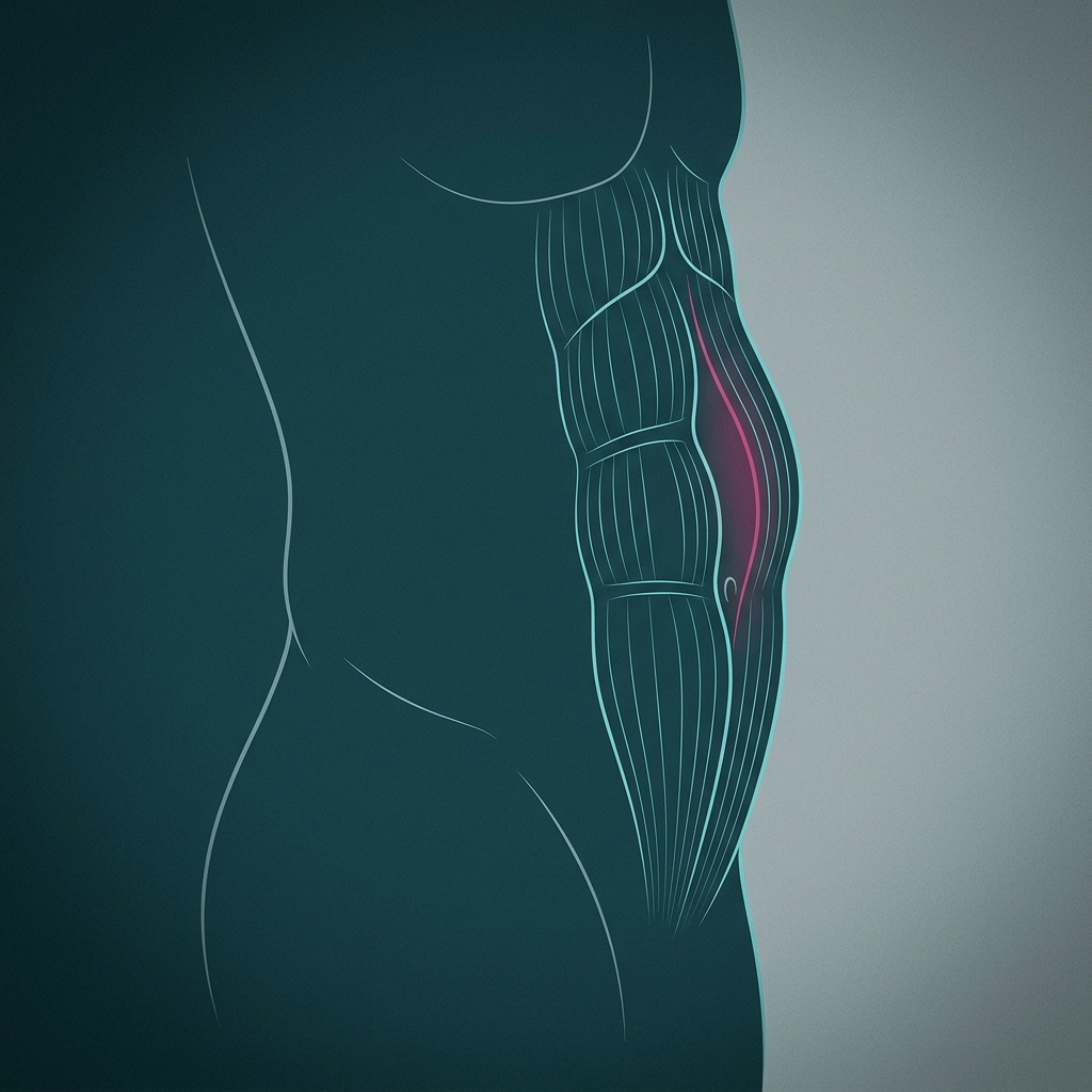 Profile of a male abdomen with an upper-midline bulge