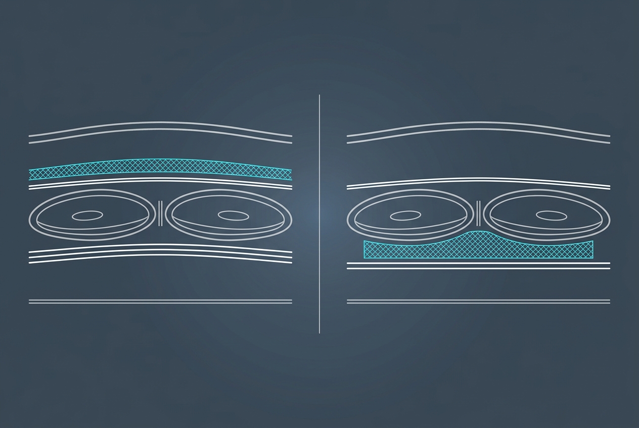 Cross-sections comparing an onlay mesh above the fascia with a sublay mesh behind the rectus muscles
