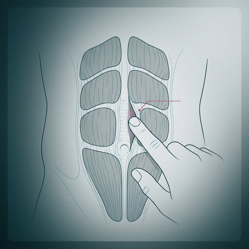 Fingers pressing into the midline gap during a small curl-up