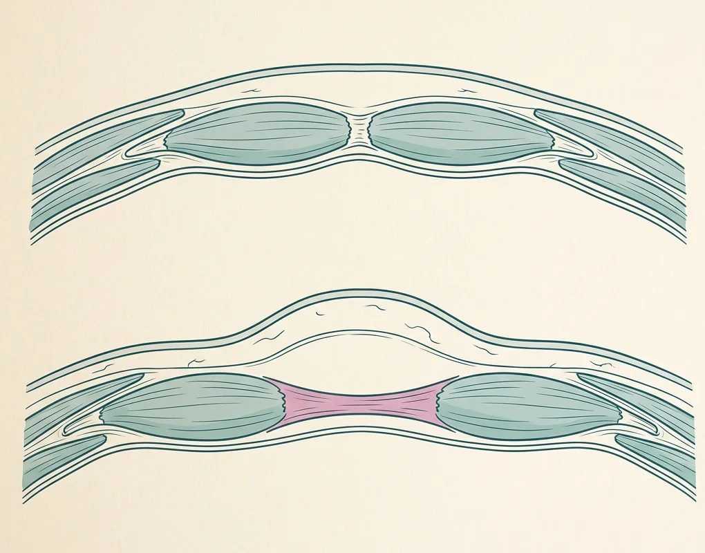 Cross-section diagram of the abdominal wall: above, two rectus muscles close together with a narrow linea alba; below, the muscles apart, a wide linea alba and the skin bulging into a ridge