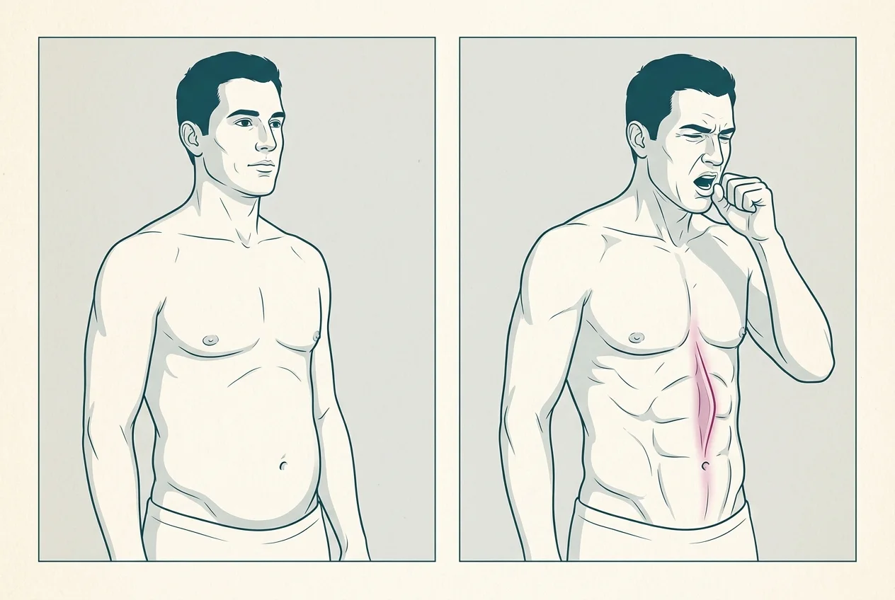 Illustration of diastasis in a man: standing at rest with a rounded abdomen on the left, and coughing with a vertical ridge from the breastbone to the navel on the right