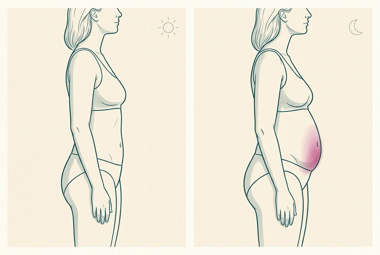 Illustration of the same woman in profile in the morning, with a flat abdomen, and in the evening, with the lower abdomen protruding forward
