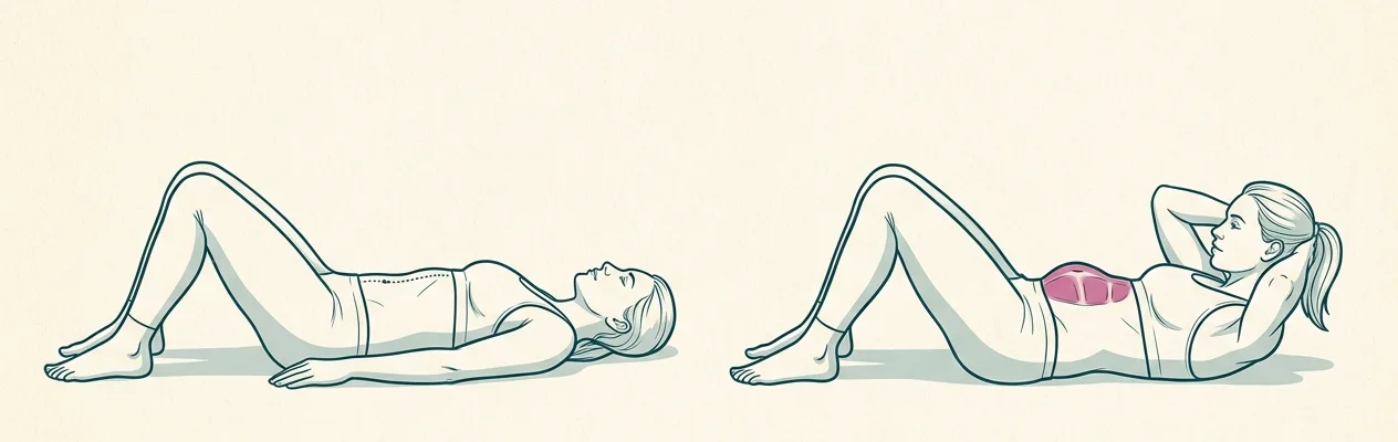 Illustration of a woman lying with knees bent, flat abdomen at rest on the left and a midline ridge rising as she lifts her head on the right